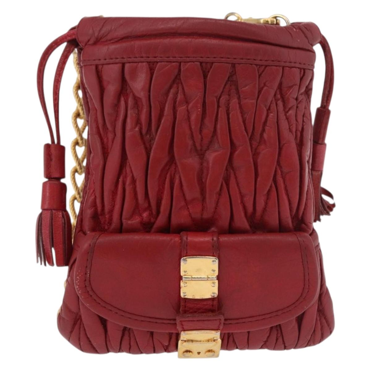 Miu Miu Matelasse Shoulder Pouch Chain Leather Red Gold Auth bs36016