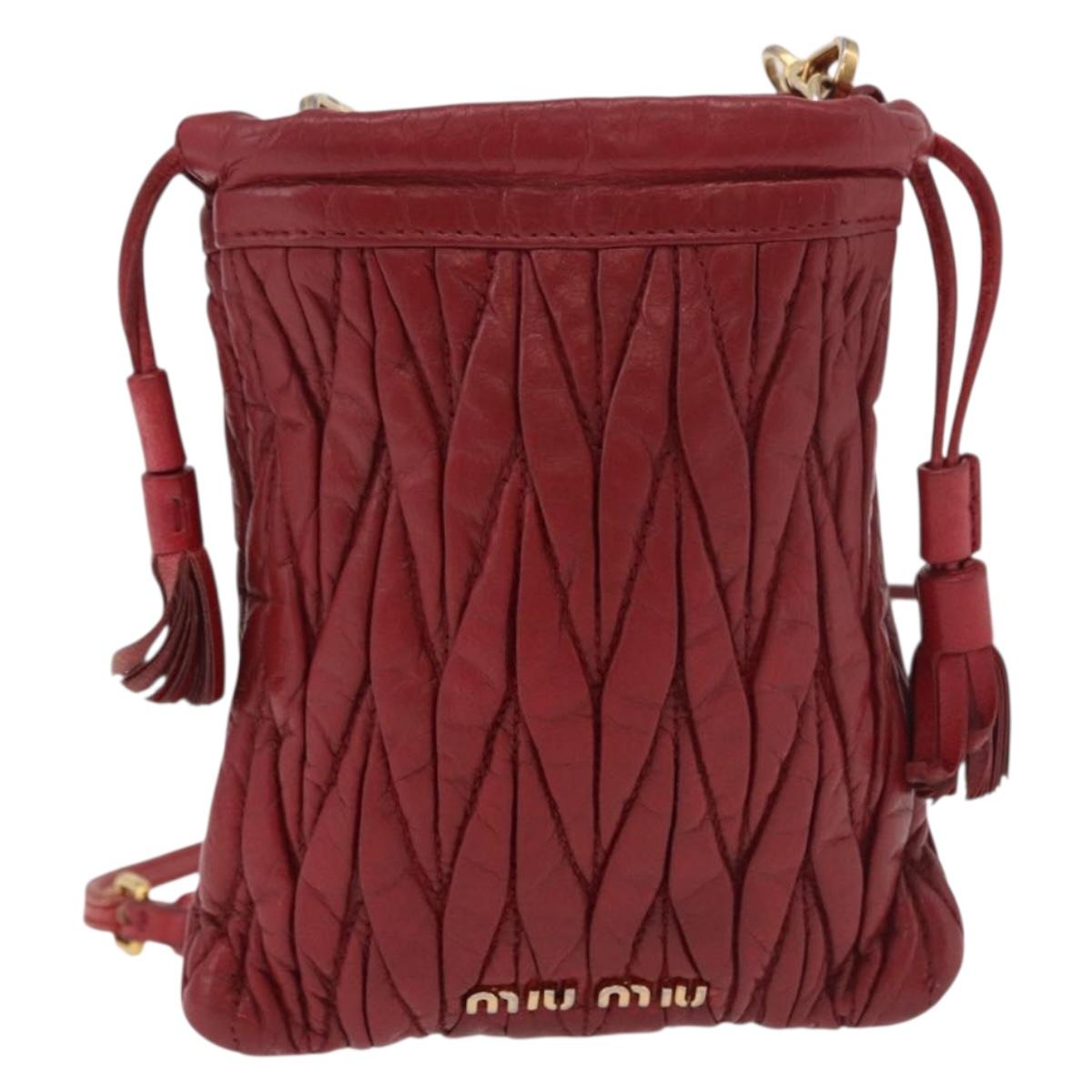 Miu Miu Matelasse Shoulder Pouch Chain Leather Red Gold Auth bs36016