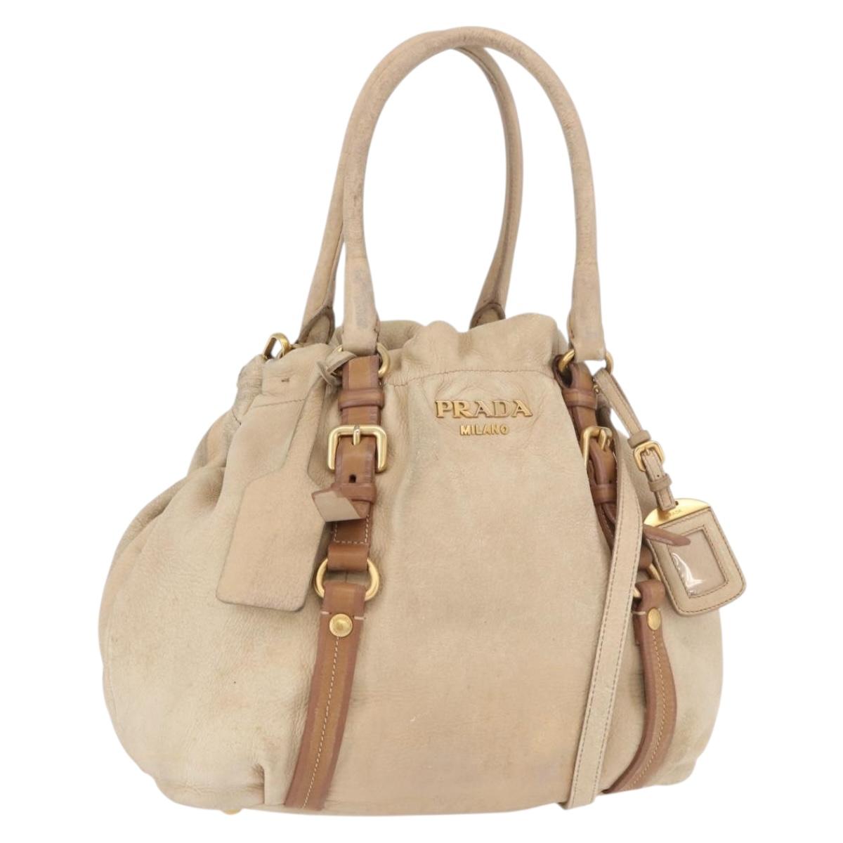 PRADA Tote Bag Leather 2way Beige Gold Auth bs36021