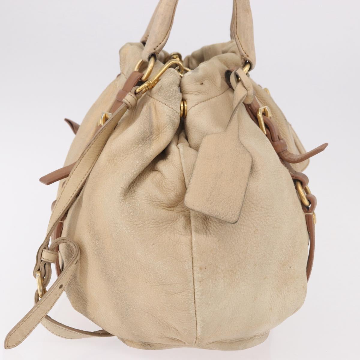 PRADA Tote Bag Leather 2way Beige Gold Auth bs36021