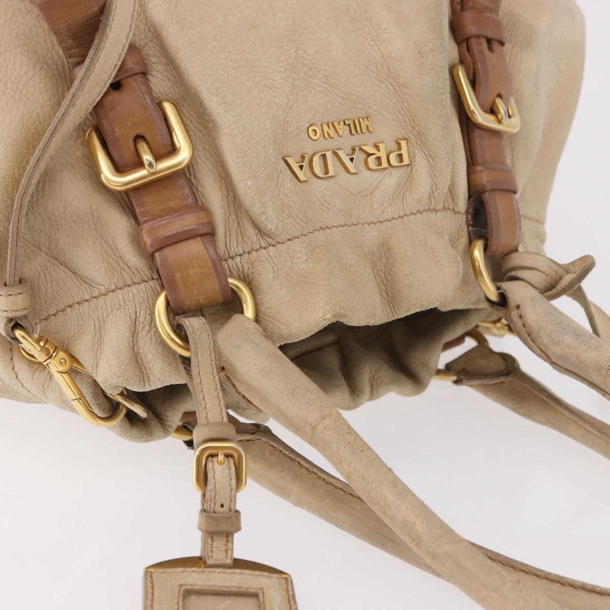 PRADA Tote Bag Leather 2way Beige Gold Auth bs36021
