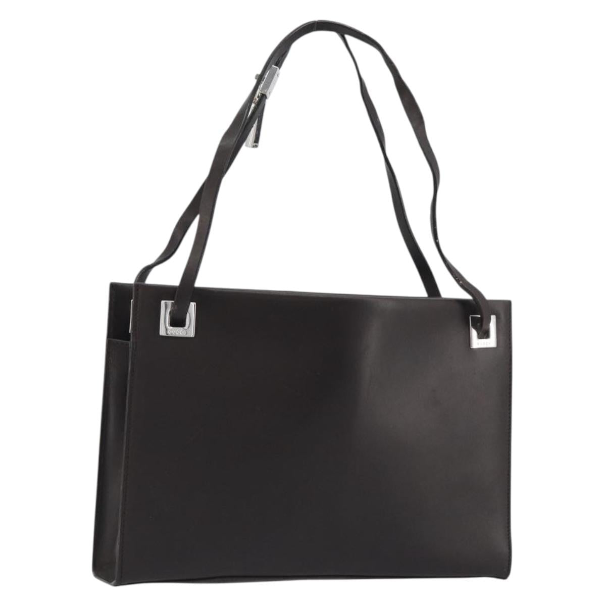 GUCCI Shoulder Bag Leather Dark Brown Silver Auth bs36023