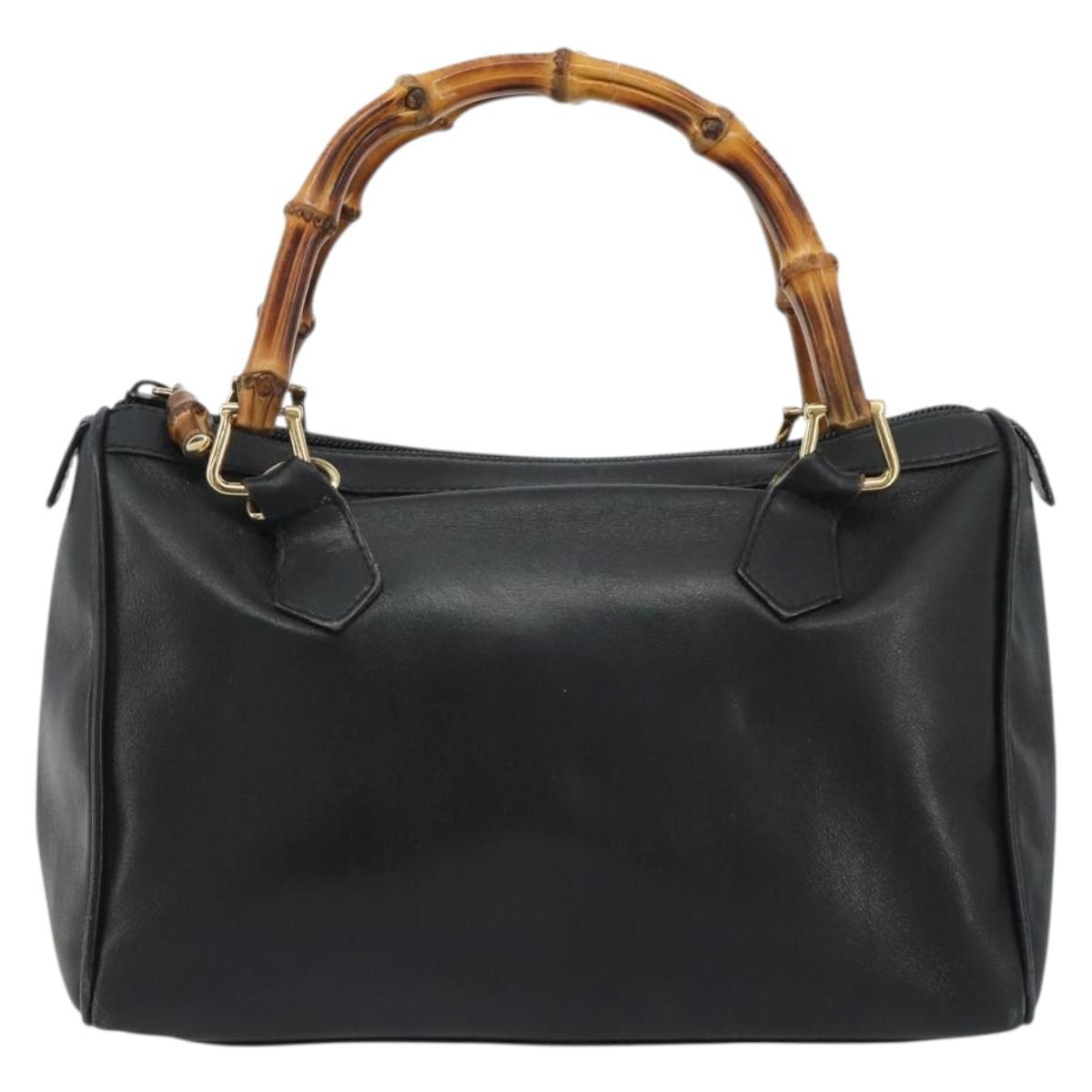 GUCCI Bamboo Hand Bag Leather Black Gold 000 122 0294 Auth bs36025