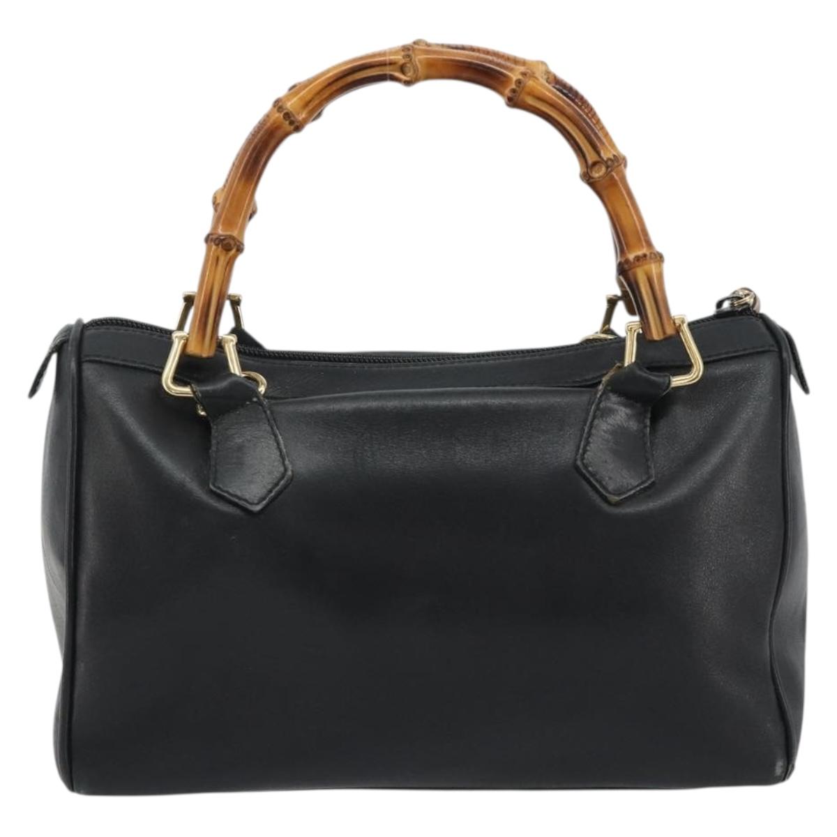 GUCCI Bamboo Hand Bag Leather Black Gold 000 122 0294 Auth bs36025