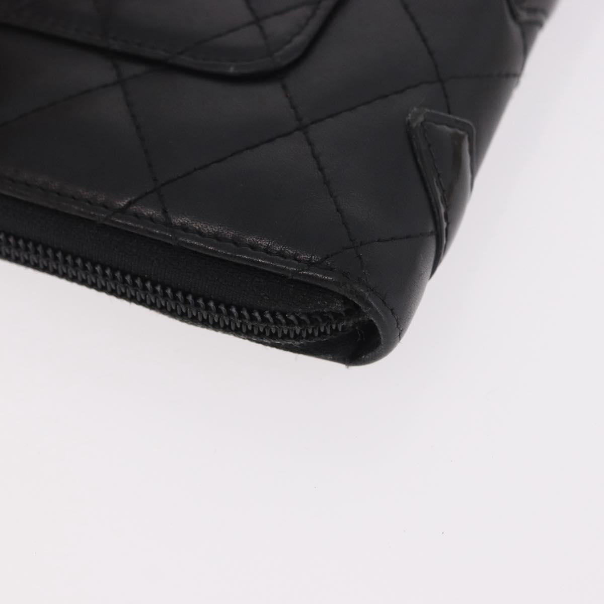 CHANEL Cambon Line Long Wallet Lamb Skin Black CC Auth bs36030