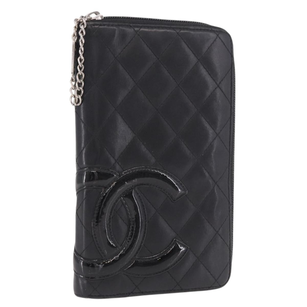 CHANEL Cambon Line Long Wallet Lamb Skin Black CC Auth bs36030
