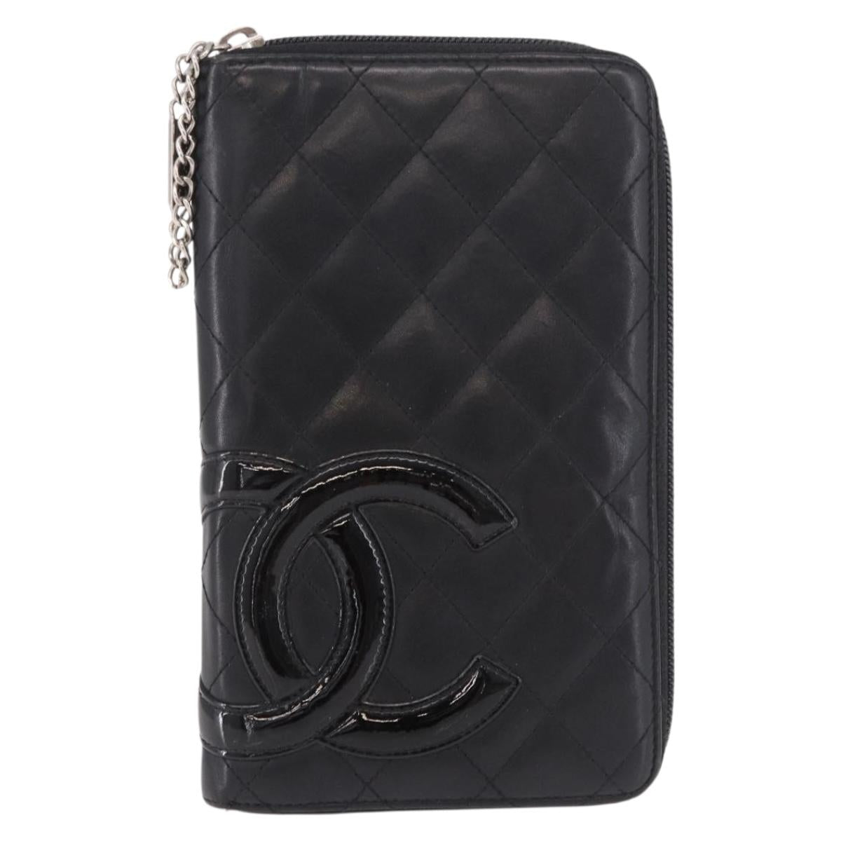 CHANEL Cambon Line Long Wallet Lamb Skin Black CC Auth bs36030
