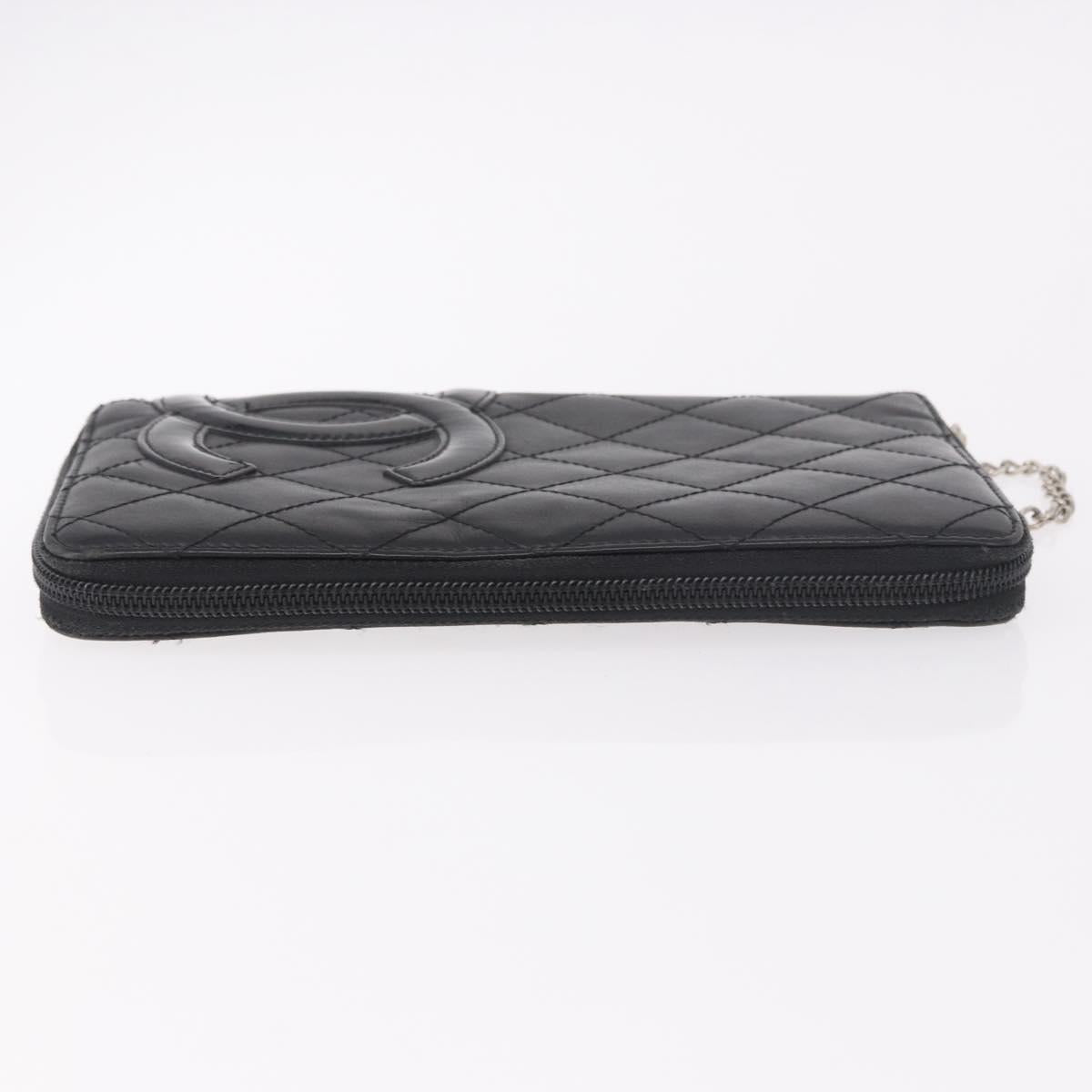 CHANEL Cambon Line Long Wallet Lamb Skin Black CC Auth bs36030