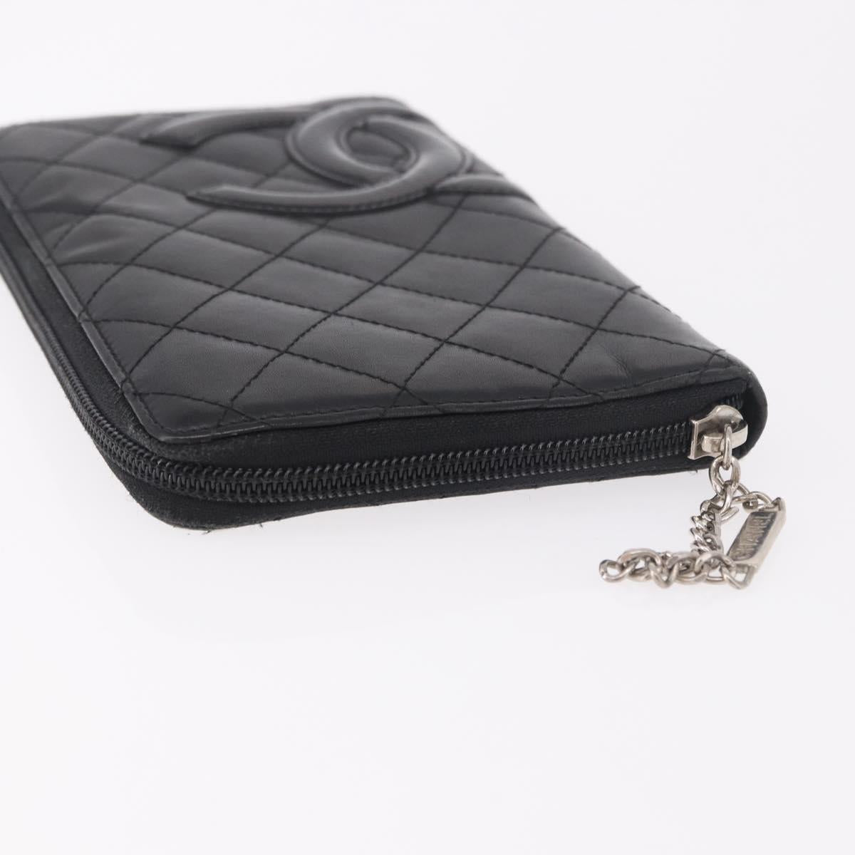CHANEL Cambon Line Long Wallet Lamb Skin Black CC Auth bs36030