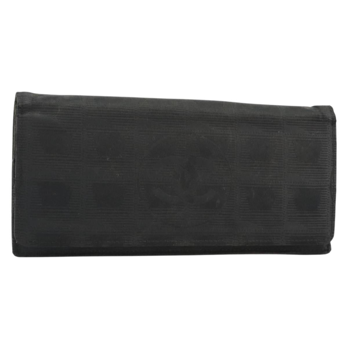 CHANEL New Travel Line Long Wallet Nylon Black Silver CC Auth bs36031