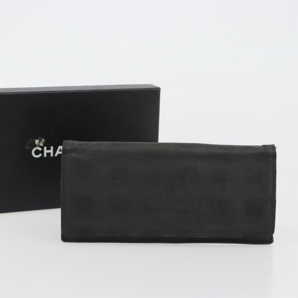 CHANEL New Travel Line Long Wallet Nylon Black Silver CC Auth bs36031