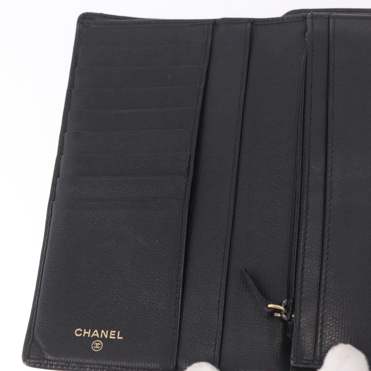 CHANEL Long Wallet Leather Black Gold CC Auth bs36037