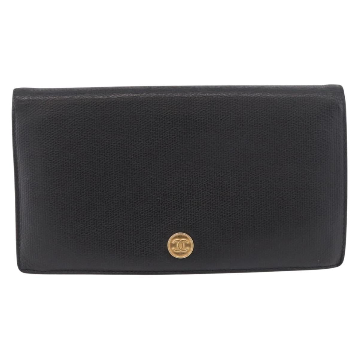 CHANEL Long Wallet Leather Black Gold CC Auth bs36037