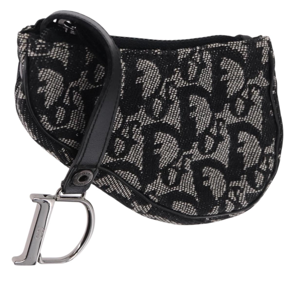 Christian Dior Trotter Canvas Saddle Coin Purse Black Silver Auth bs36065V