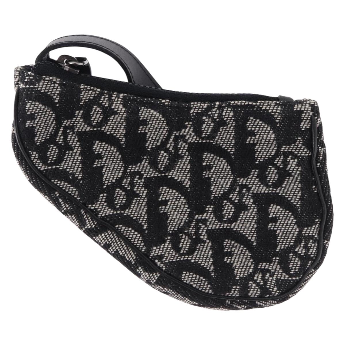 Christian Dior Trotter Canvas Saddle Coin Purse Black Silver Auth bs36065V