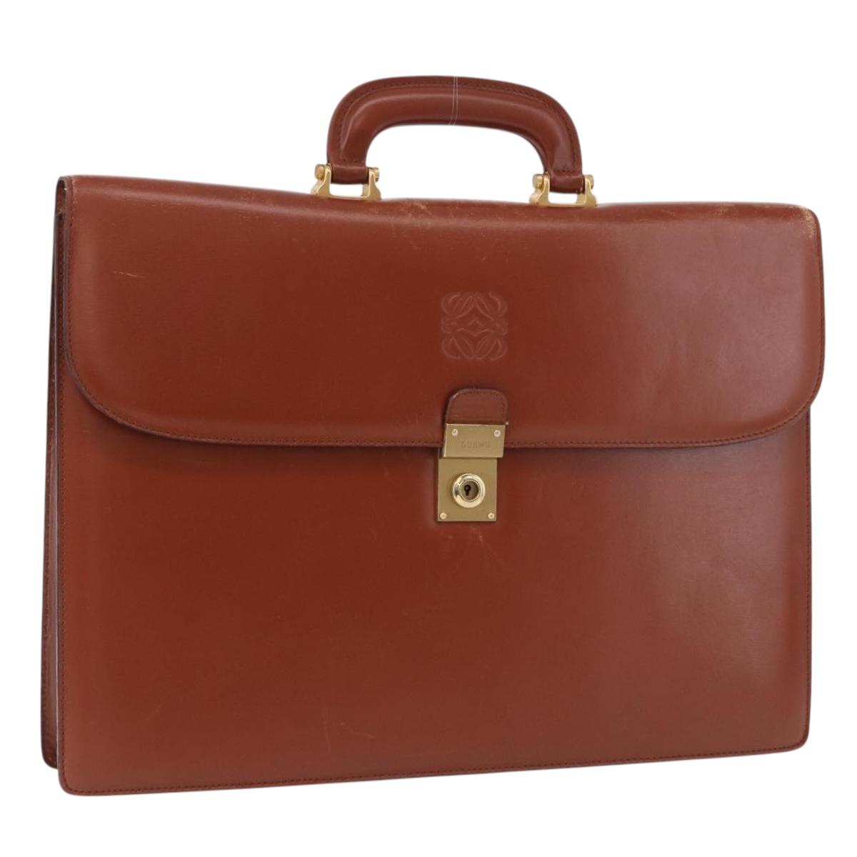 LOEWE Business Bag Leather Brown Gold Auth bs36070