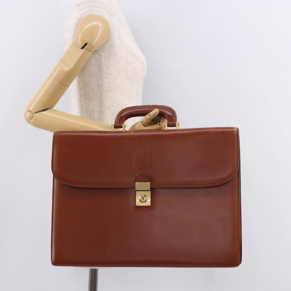 LOEWE Business Bag Leather Brown Gold Auth bs36070