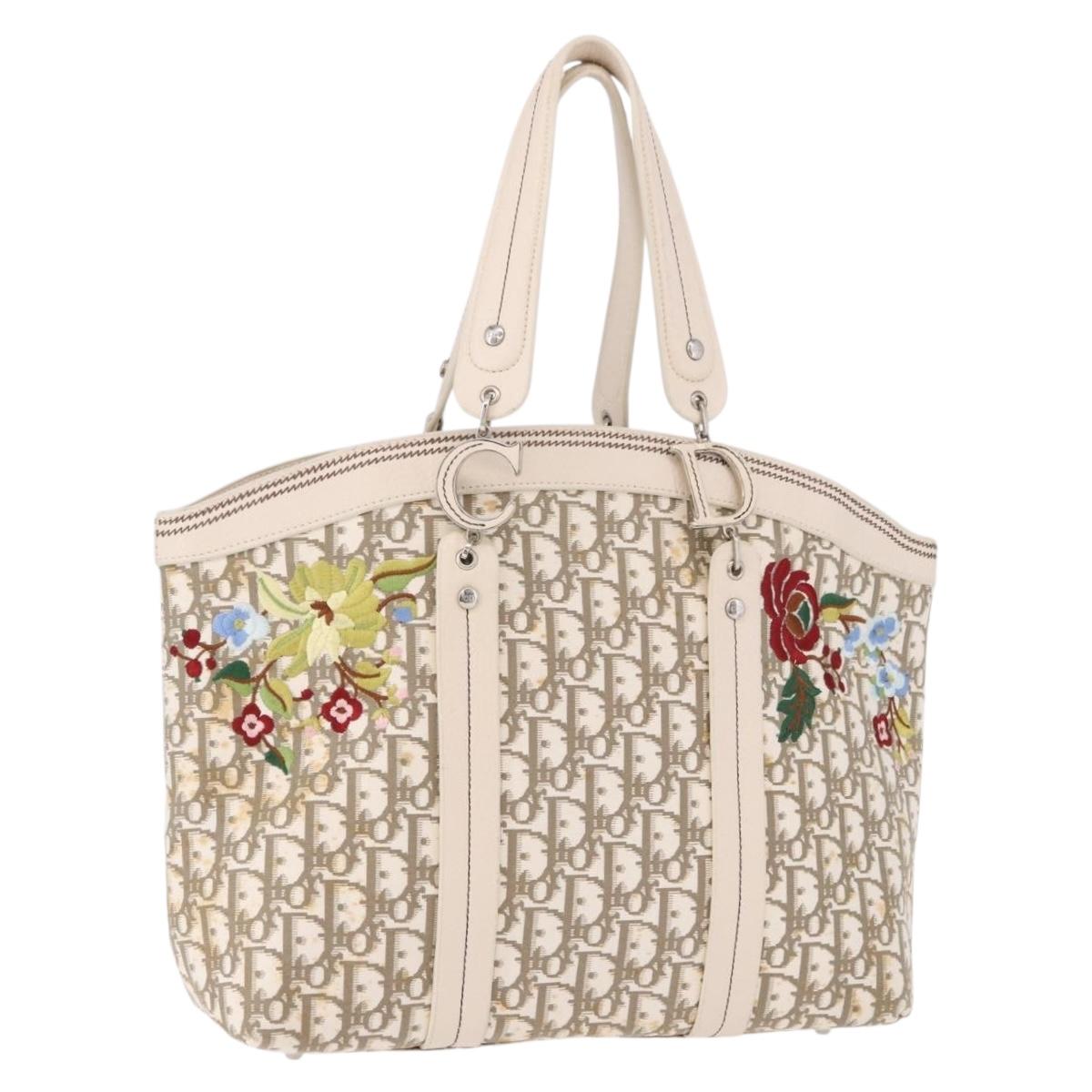 Christian Dior Trotter Canvas Hand Bag Beige Silver Auth bs36071