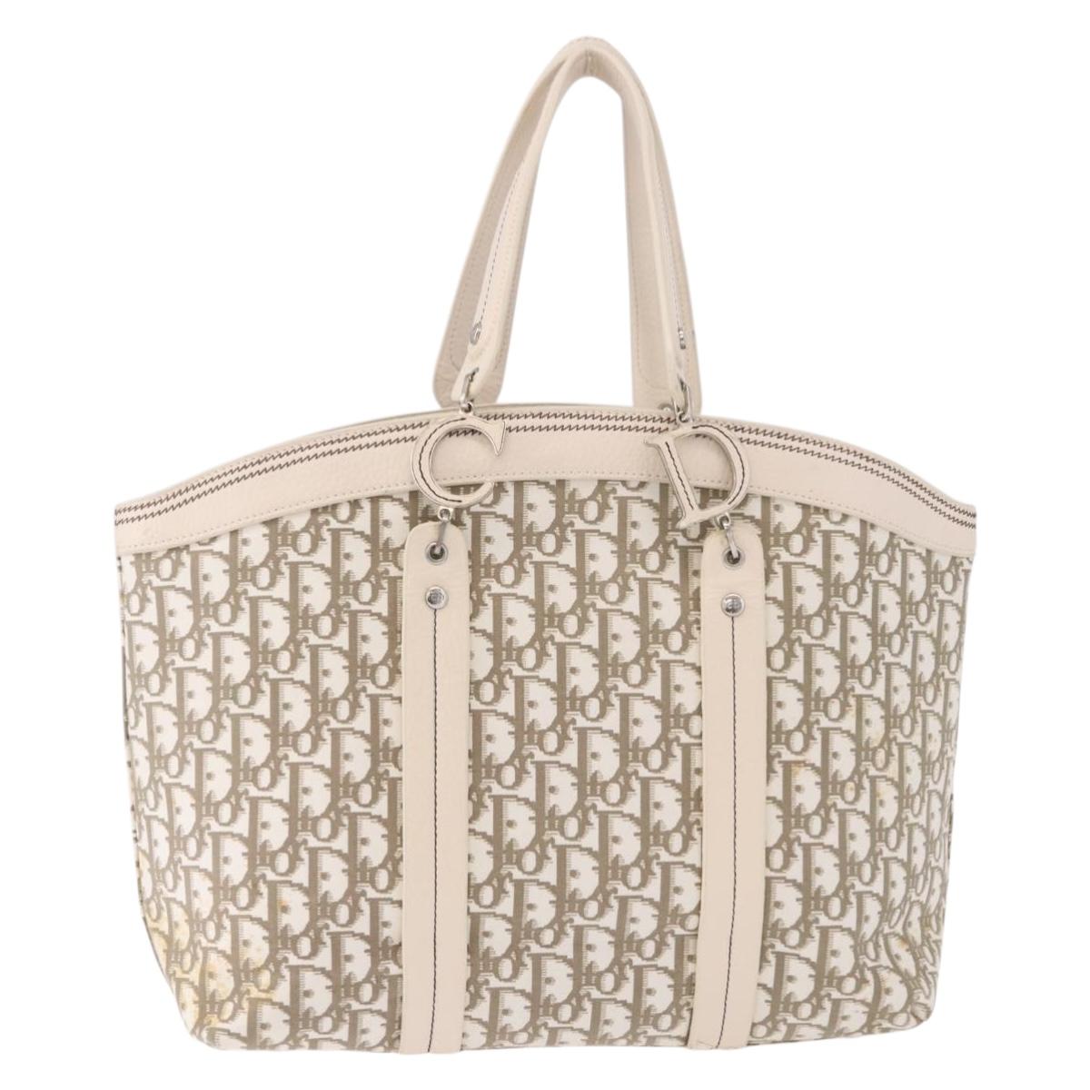 Christian Dior Trotter Canvas Hand Bag Beige Silver Auth bs36071