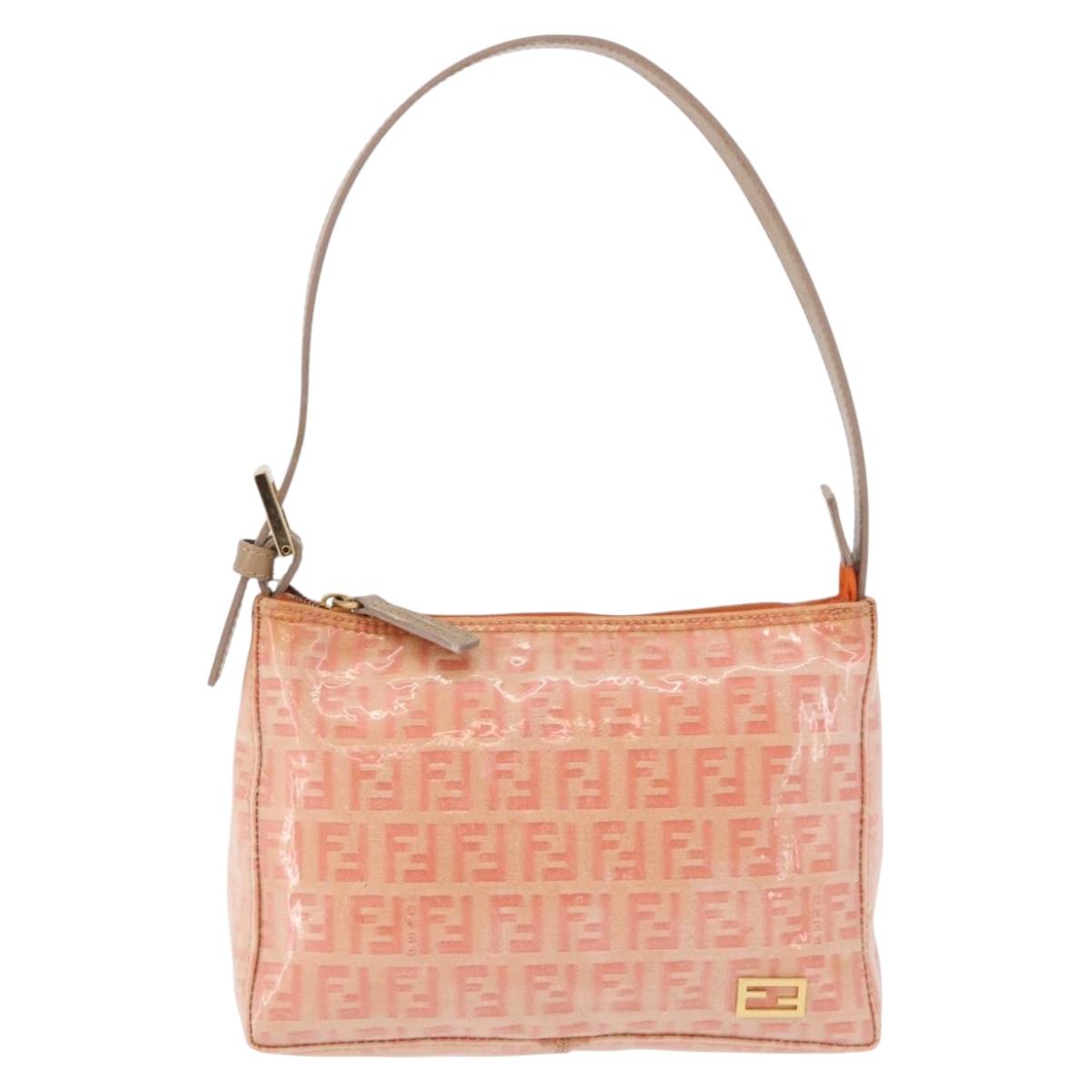 FENDI Zucchino Canvas Hand Pouch Coated Canvas Pink Gold Auth bs36075