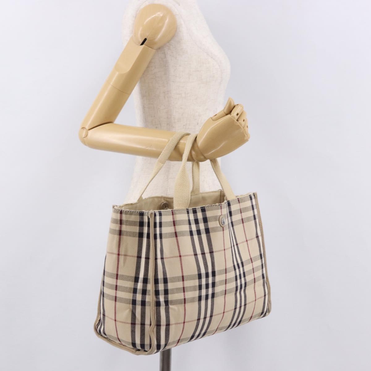 BURBERRY Nova Check Hand Bag Canvas Beige Silver Auth bs36078