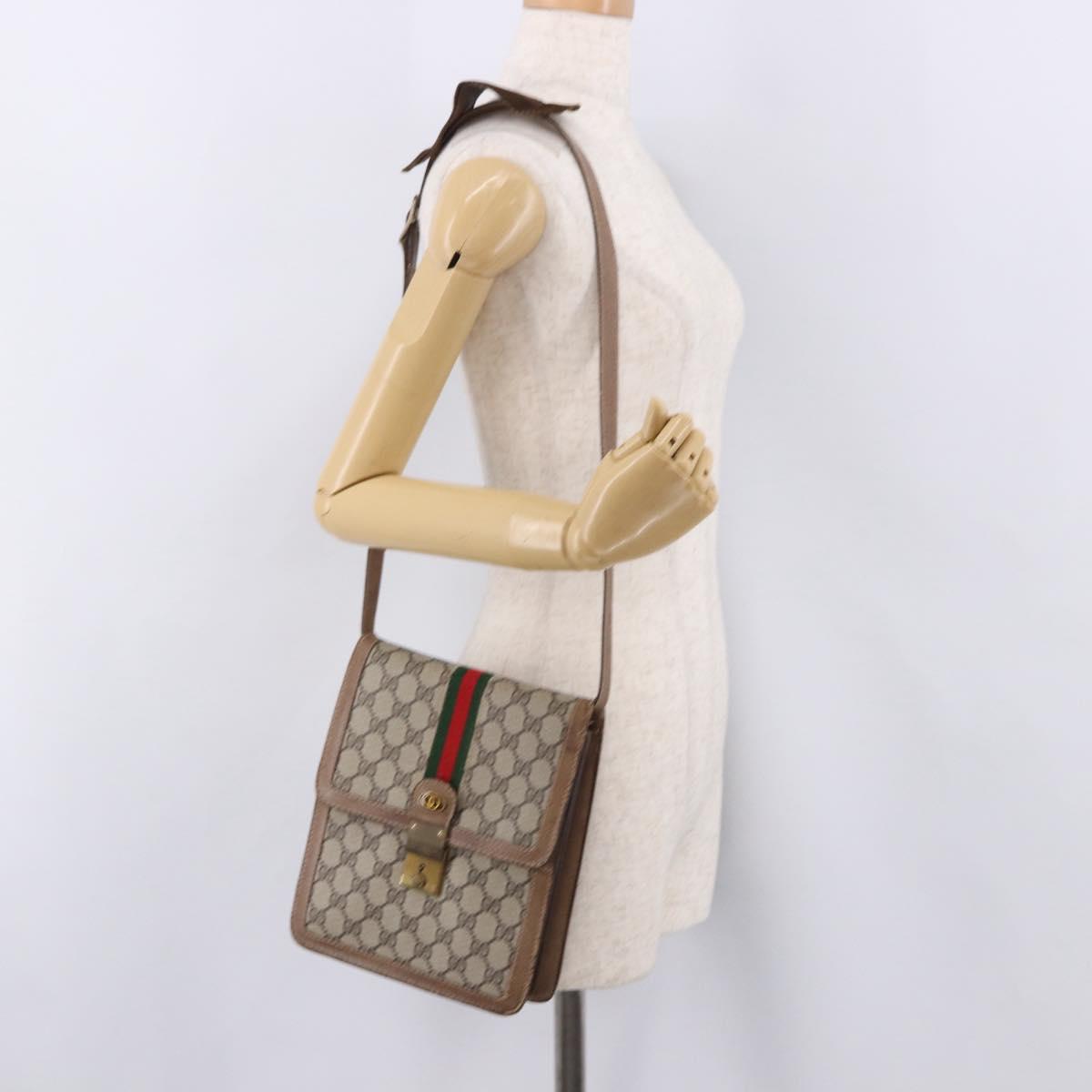 GUCCI GG Supreme Web Sherry Line Shoulder Bag PVC Beige Gold Auth bs36095