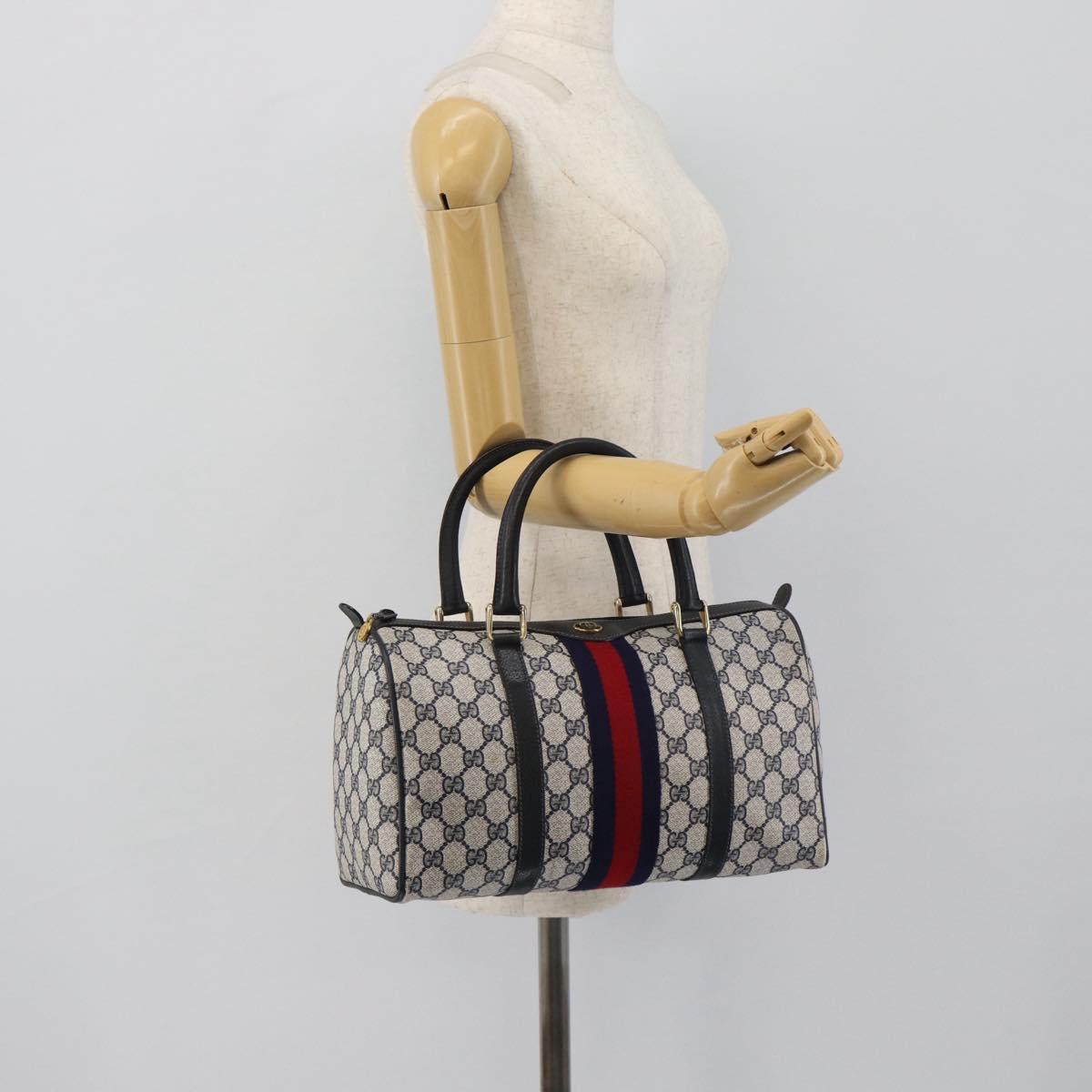 GUCCI GG Supreme Sherry Line Boston Bag PVC Navy Gold 012 3842 39 Auth bs36096