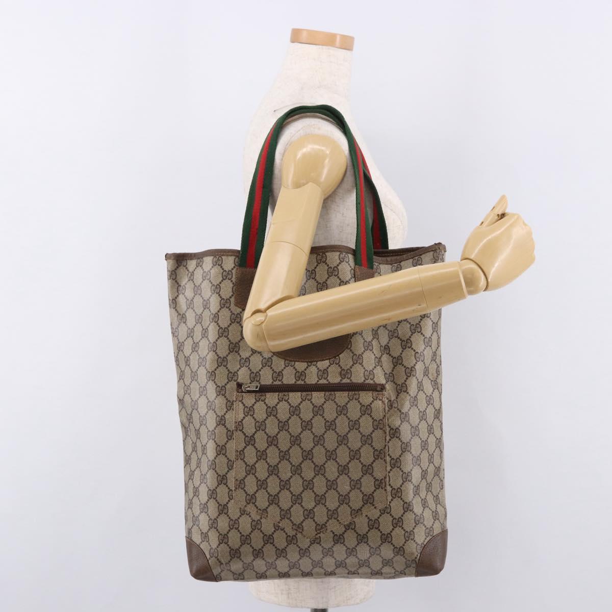 GUCCI GG Supreme Web Sherry Line Tote Bag PVC Leather Beige Auth bs36101