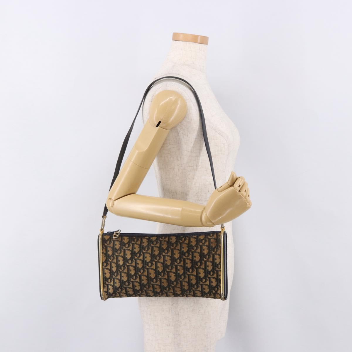 Christian Dior Trotter Canvas Shoulder Bag Navy Gold Auth bs36117