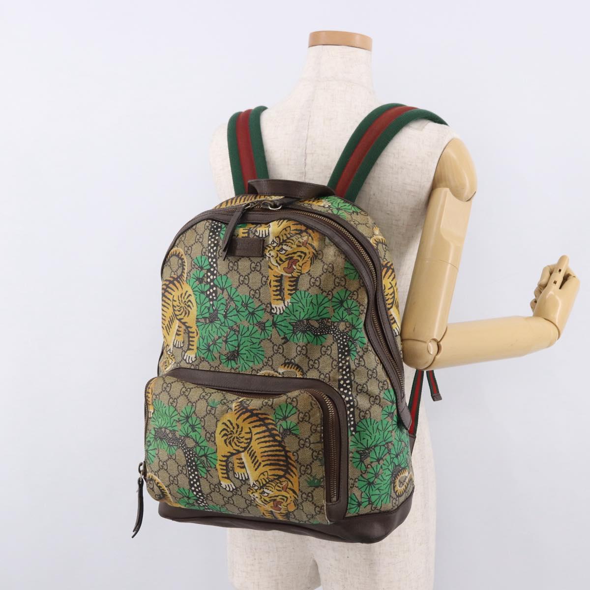 GUCCI GG Supreme Web Sherry Line Backpack PVC Bengal Beige 428027 Auth bs36164