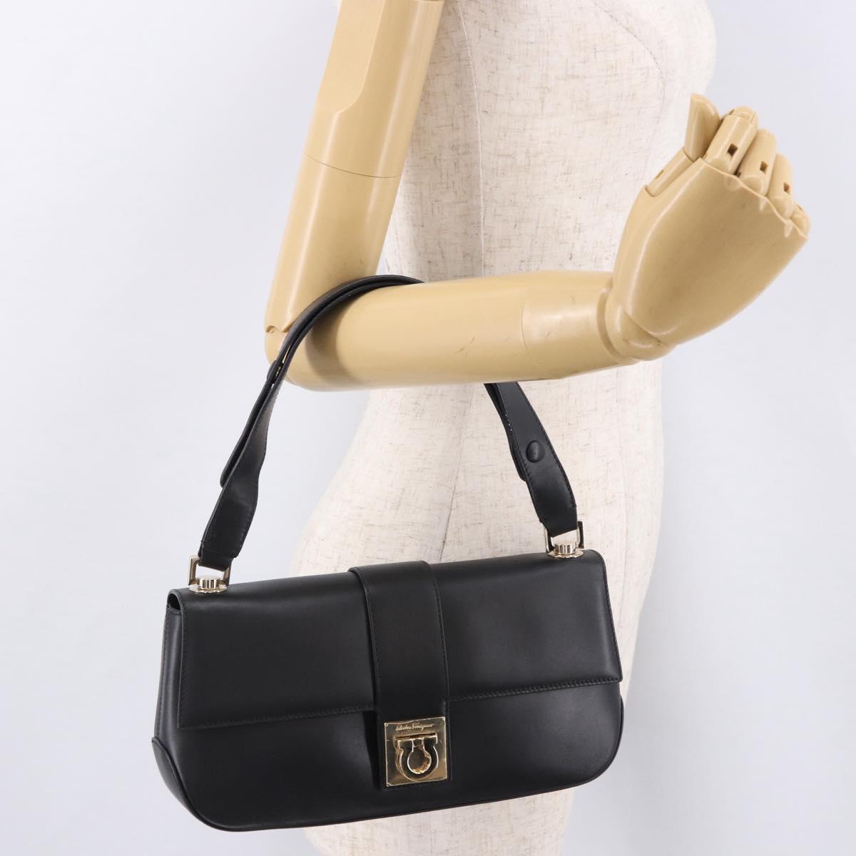 Salvatore Ferragamo Gancini Hand Bag Leather Black Gold Auth bs36169V