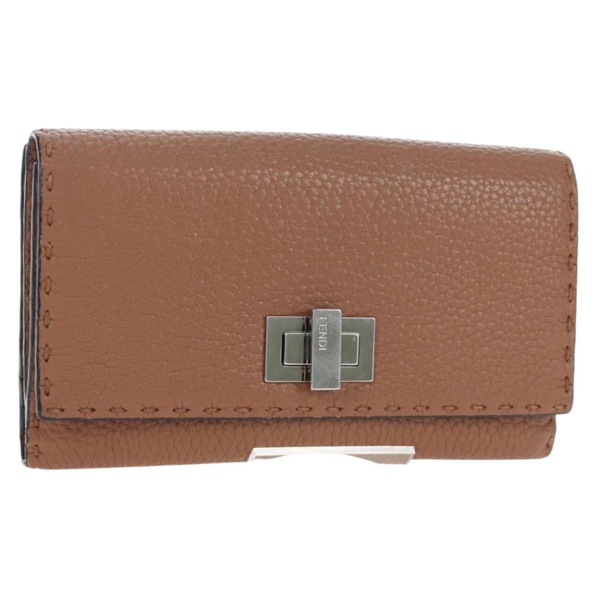 FENDI Seleria Peek A Boo Long Wallet Leather Brown Silver Auth bs36174A