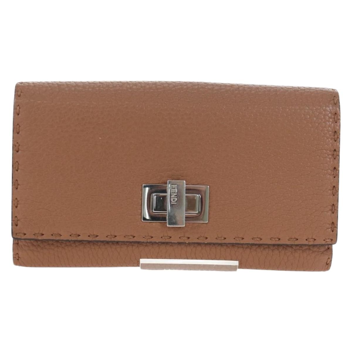 FENDI Seleria Peek A Boo Long Wallet Leather Brown Silver Auth bs36174A
