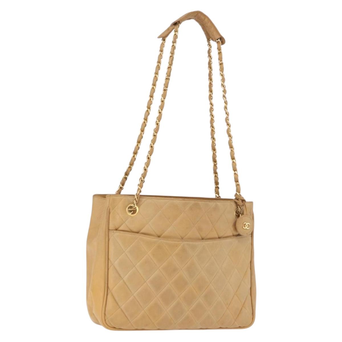 CHANEL Matelasse Chain Shoulder Bag Lamb Skin Beige Gold CC Auth bs36177