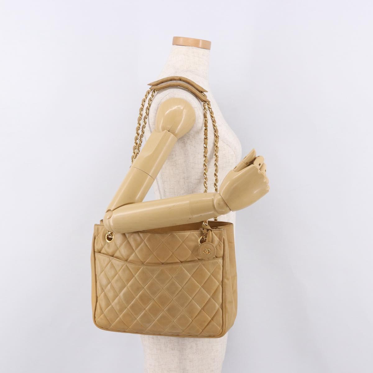 CHANEL Matelasse Chain Shoulder Bag Lamb Skin Beige Gold CC Auth bs36177