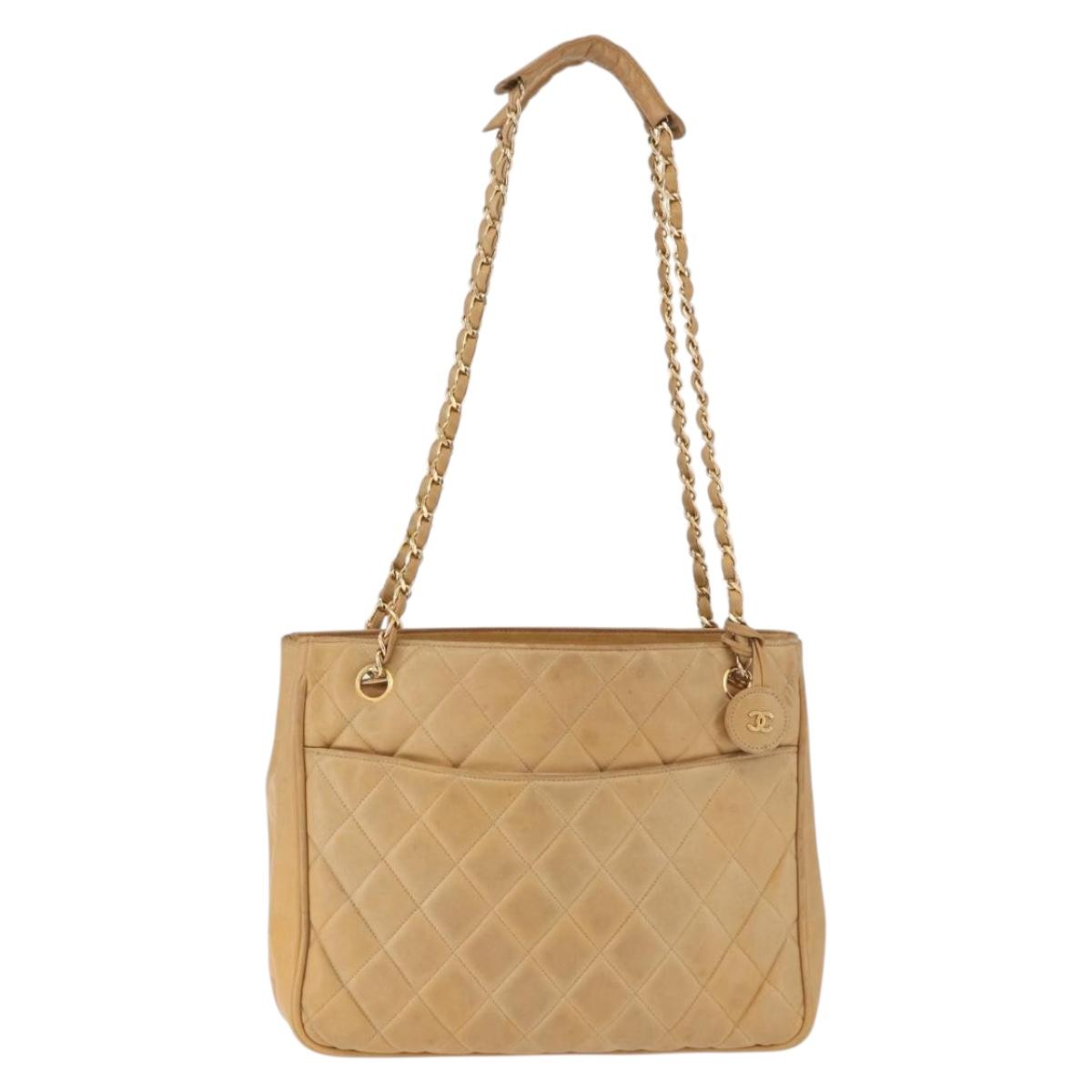 CHANEL Matelasse Chain Shoulder Bag Lamb Skin Beige Gold CC Auth bs36177