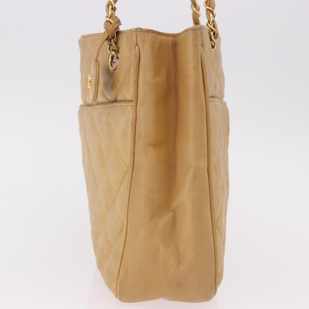 CHANEL Matelasse Chain Shoulder Bag Lamb Skin Beige Gold CC Auth bs36177