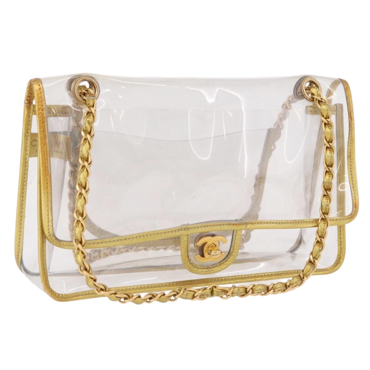 CHANEL Chain Shoulder Bag Vinyl Clear Gold CC Auth bs36180A