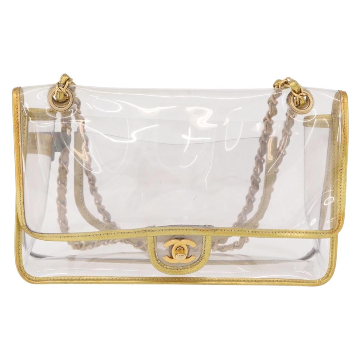 CHANEL Chain Shoulder Bag Vinyl Clear Gold CC Auth bs36180A