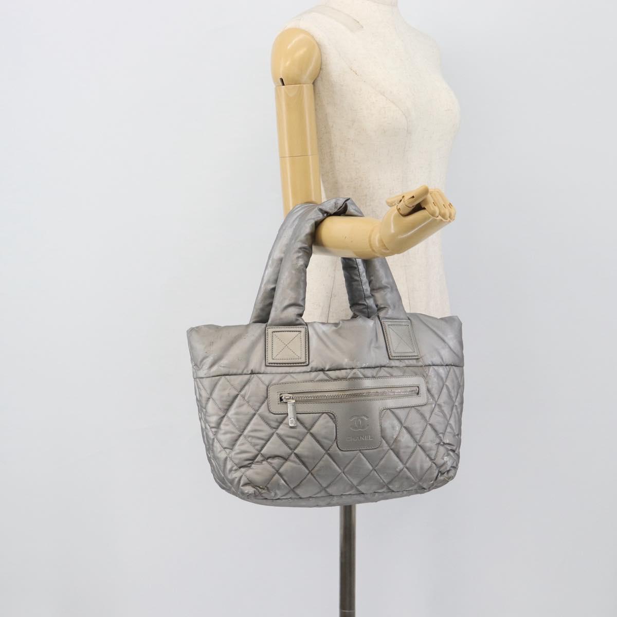 CHANEL Cococoon Tote Bag Coated Canvas Silver CC Auth bs36183