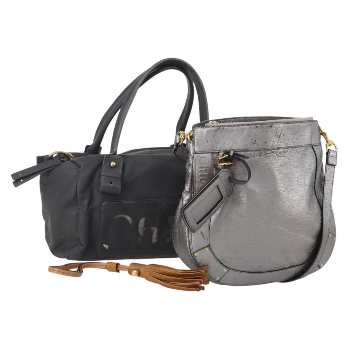 Chloe Hand Bag Leather 2 Set Silver Gray Auth bs36185