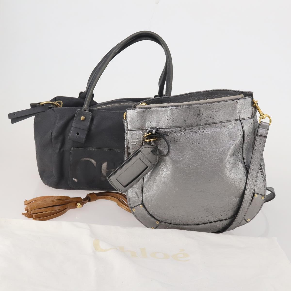 Chloe Hand Bag Leather 2 Set Silver Gray Auth bs36185