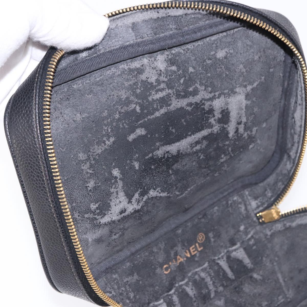 CHANEL COCO Mark Vanity Hand Bag Caviar Skin Black Gold CC Auth bs36190