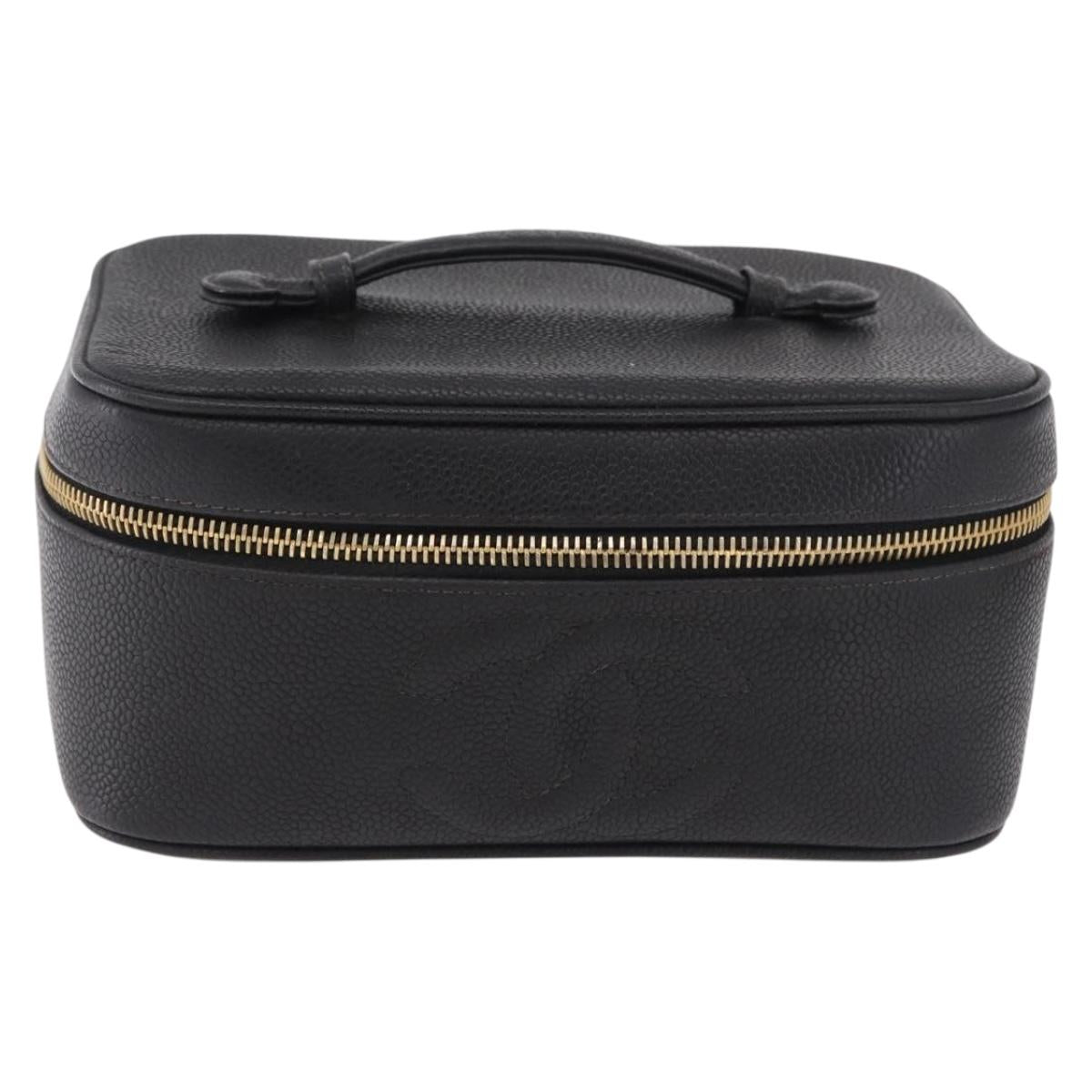CHANEL COCO Mark Vanity Hand Bag Caviar Skin Black Gold CC Auth bs36190