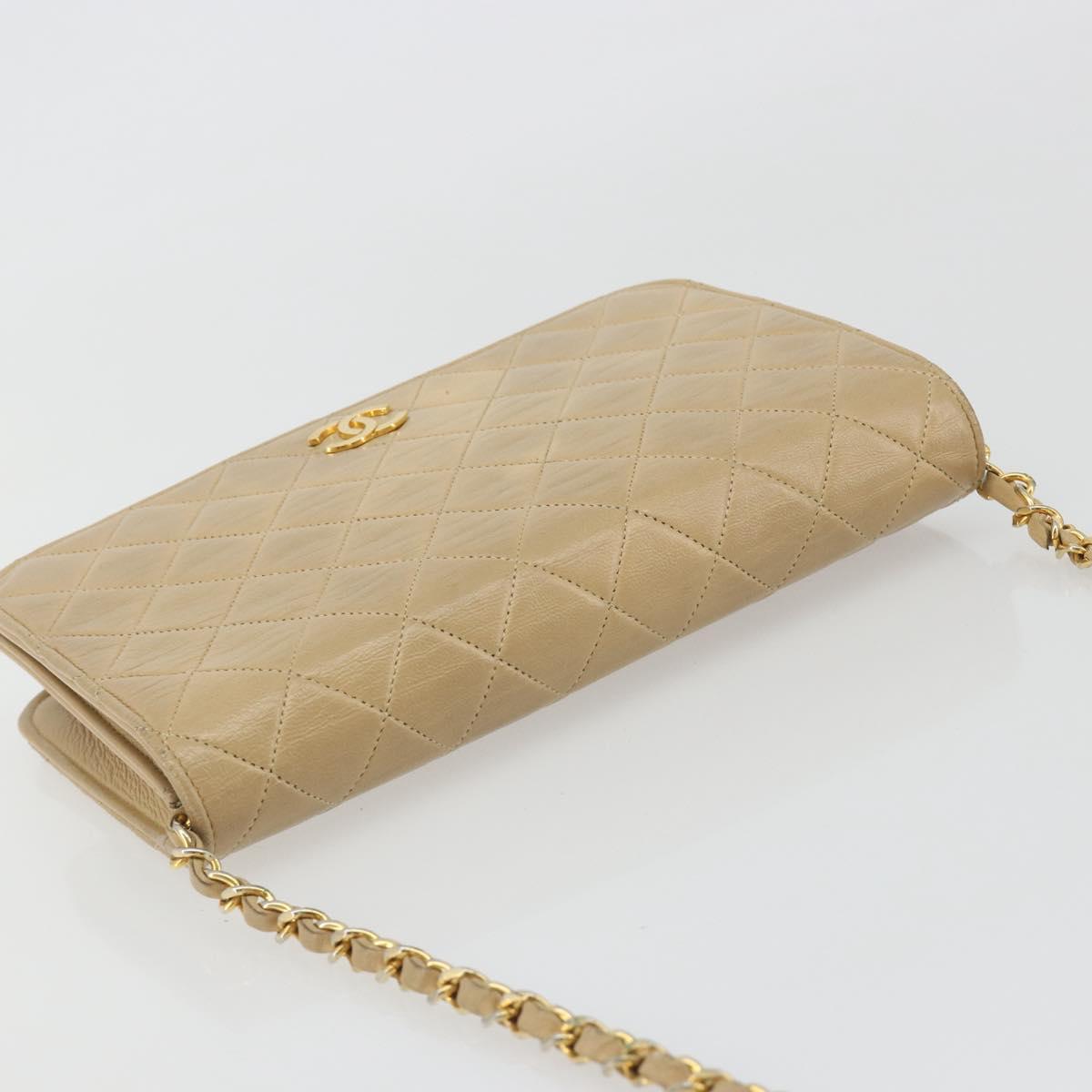 CHANEL Matelasse Chain Shoulder Bag Lamb Skin Beige Gold CC Auth bs36192