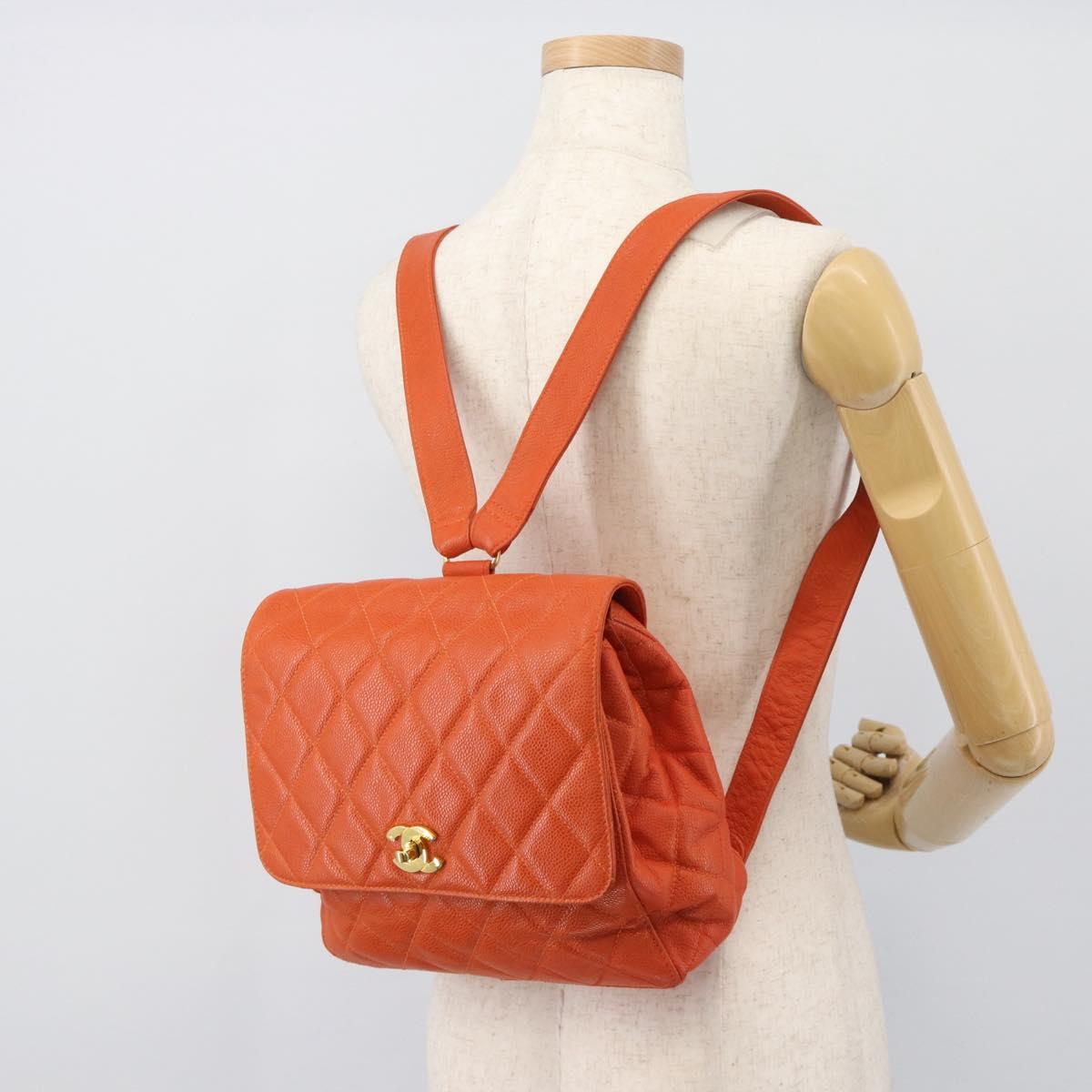 CHANEL Matelasse Backpack Caviar Skin Orange Gold CC Auth bs36193