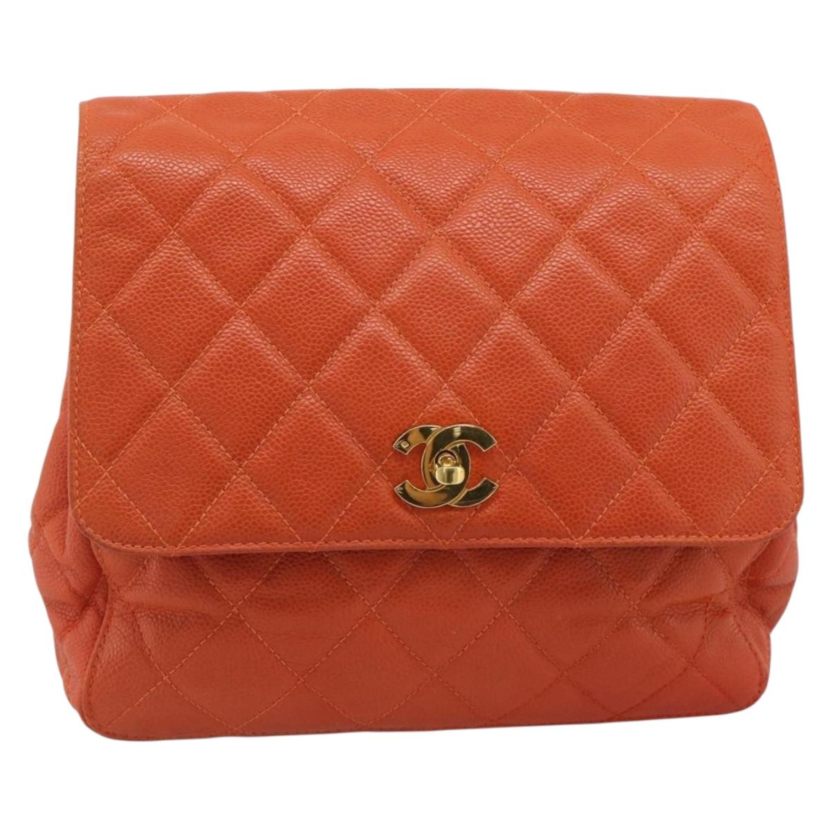 CHANEL Matelasse Backpack Caviar Skin Orange Gold CC Auth bs36193