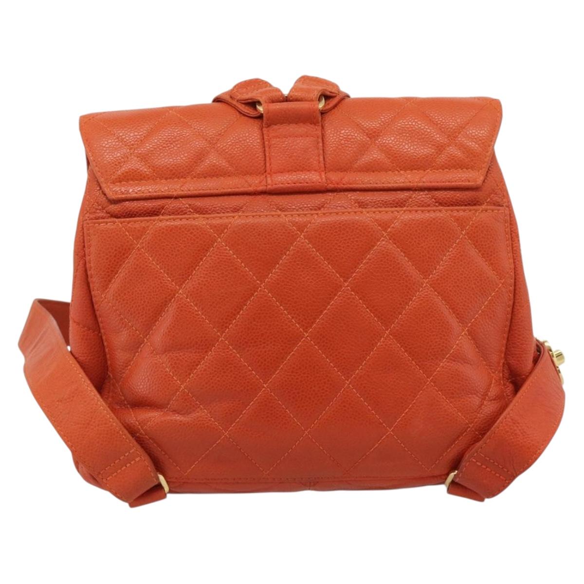 CHANEL Matelasse Backpack Caviar Skin Orange Gold CC Auth bs36193
