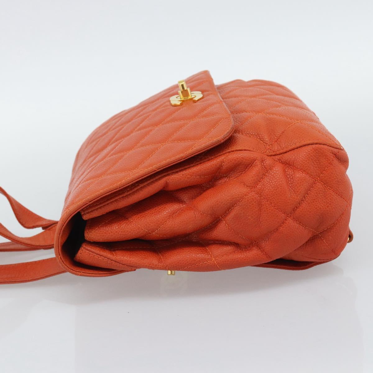 CHANEL Matelasse Backpack Caviar Skin Orange Gold CC Auth bs36193