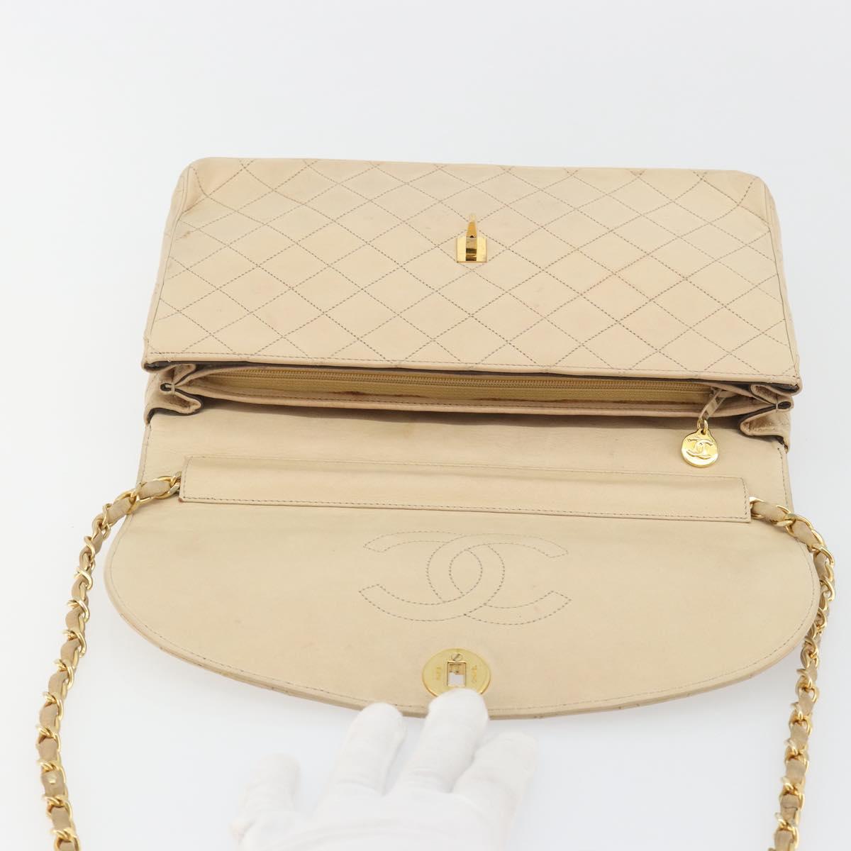 CHANEL Matelasse Chain Shoulder Bag Lamb Skin Beige Gold CC Auth bs36200